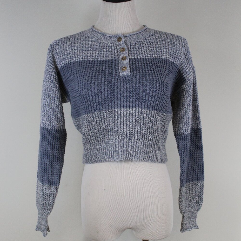 Aeropostale Cropped Colorblock Henley Sweater XS Blue Gray Y2K Waffle‎ Knit